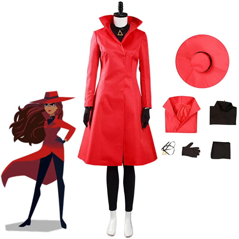 

Anime Carmen Sandiego Cosplay Costume Red Dress with Hat Gloves Halloween Christmas Carnival Party Role Play Suit