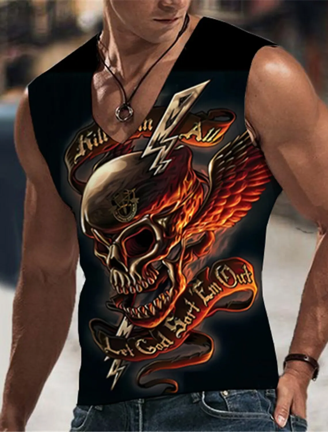 

Vintage Men's 3D Printed Sleeveless Sports Vest Vacation Hell Skull Fitness T-Shirt Crew Neck Shirt Four Seasons Clothing S-5Xl