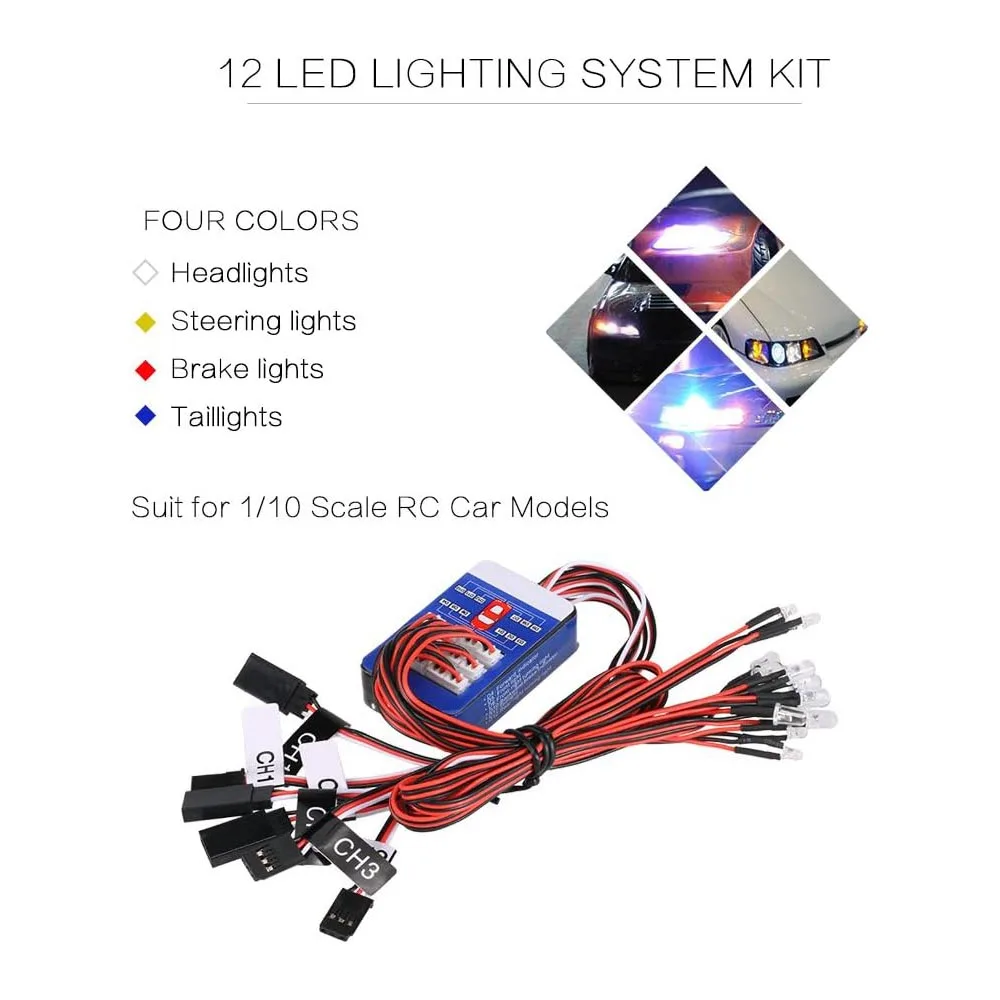 Kit di illuminazione RC a 12 LED per sterzo/freno/Flash di simulazione intelligente per auto RC in scala 1/10 Yokomo Tamiya HSP HPI AXIAL RC4WD Traxxas