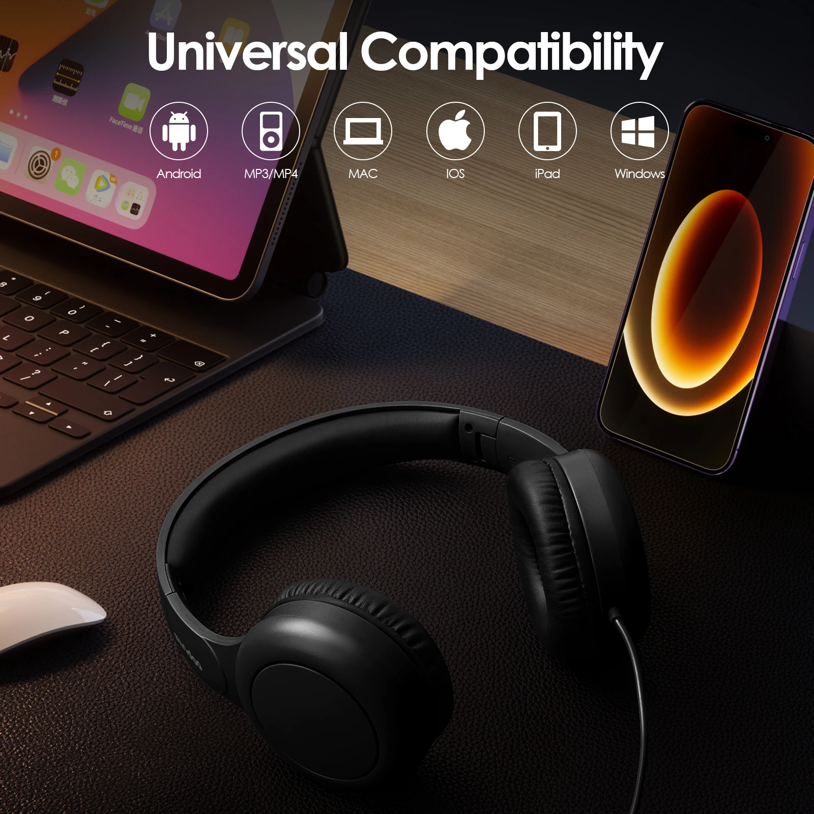 Siindoo Wired Headphones with Microphone with 1.45m-Tangle-Free Nylon Line Type C Plug Foldable Portable Wired Headphone Black