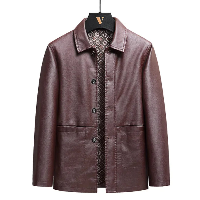 

Male Button Up Leather Jacket Spring and Autumn New Men's Wear Solid Color Slim Fit PU Leather Coats Fashion Men's Lapel Suit