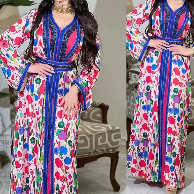 

Middle Eastern Muslim Abaya robe foreign trade hot selling printed hot diamond suit dress-GZXX646