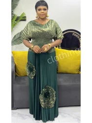 ANLAN 2025 New Pleated 2 Pieces Set Women Fashion V Neck Short Batwing Sleeves Irregular Hem T-shirt + A-line Folds Skirt 3AN50