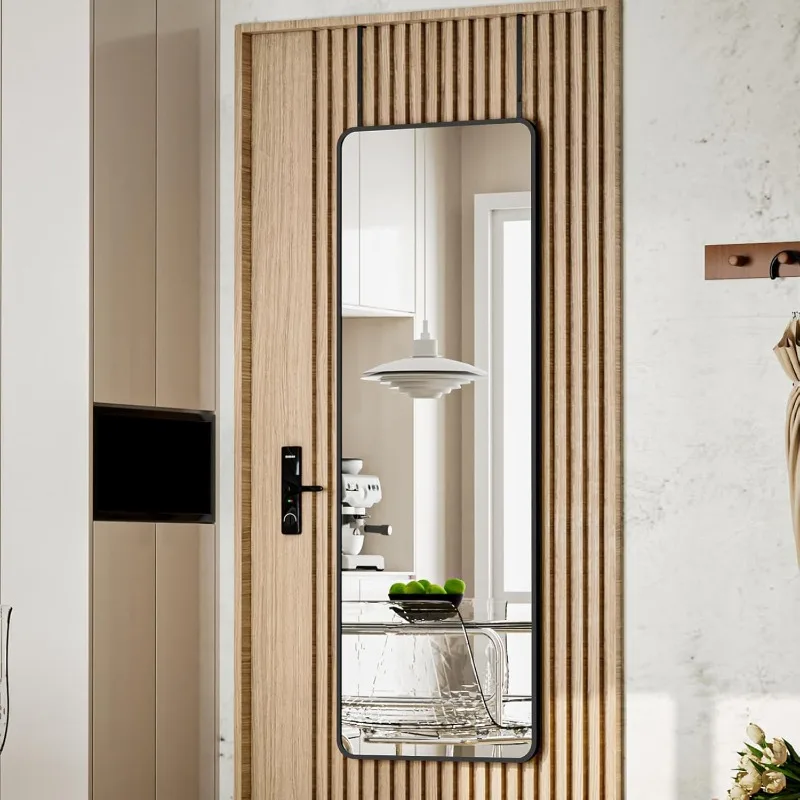 

14"x48" Full Length Over The Door Mirror, Aluminum Alloy Frame Full Body Mirror with Height-Adjustable Hangers