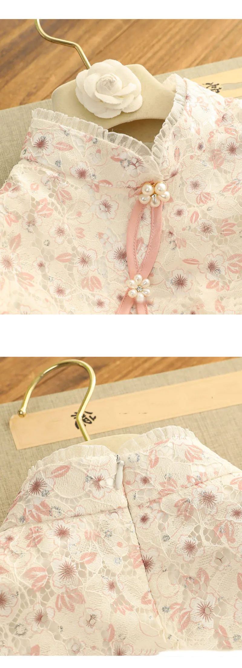 2022 Puff Sleeve Cheongsam New Lace Vintage Floral Dress Slim Wedding Costumes Pink Qipao S To 2XL