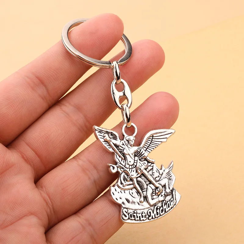 Silver Angel Saint Michael Archangel Keychain Pendant for Keys Catholic Christ Pray For Us Key Ring Religious Souvenir Gift