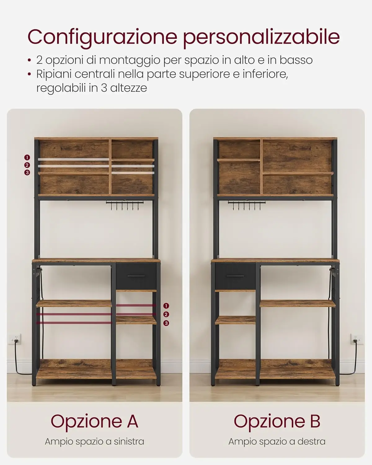 SONGMICS Set di 2 portaspezie per armadietto espandibile, Organizer per ripiano da cucina impilabile, metallo/legno, nero/marrone rustico
