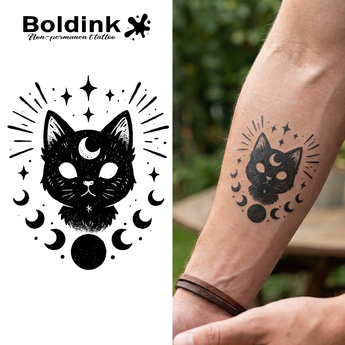 

BOLDINK Mystic Cat Moon Phase Tattoo Sticker Unisex Stylish Easy Apply Waterproof Long Lasting 1-2 Week