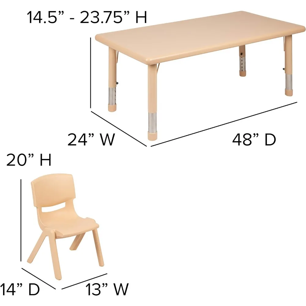 Verstellbarer Aktivität tisch im Klassen zimmer mit 6 stapelbaren Stühlen, rechteckiger Aktivität tisch aus Kunststoff für Kinder