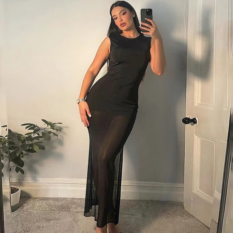 

Ticketsx Fashion Backless Long Dress Sexy See Through Patchwork Slim Dresses Elegant Summer Women's Vacation Streetwear Vestidos