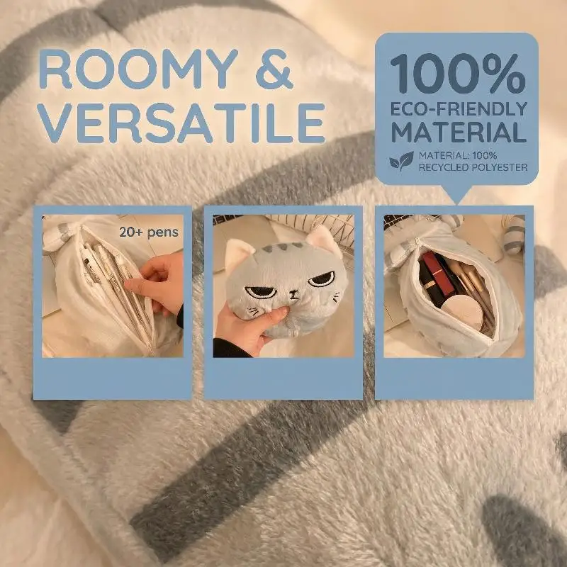 Soft Plush Gray Cat Pencil Case Kawaii Large Capacity Makeup Bag for Desk Supplies School Gift