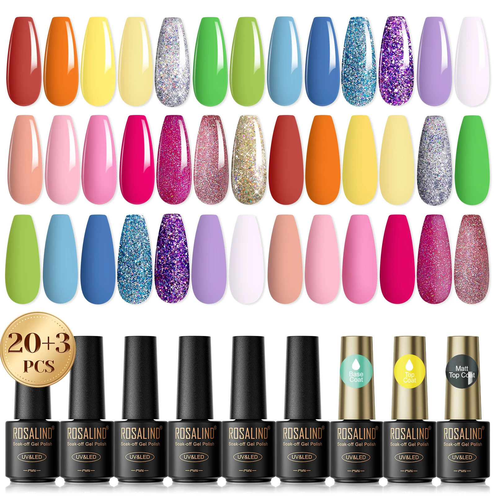 Rosalind 23PCS gel nagellak set gel kleur nagelglans boven- en onderkant coating gel nagelstrips met uv-licht led nagellamp.