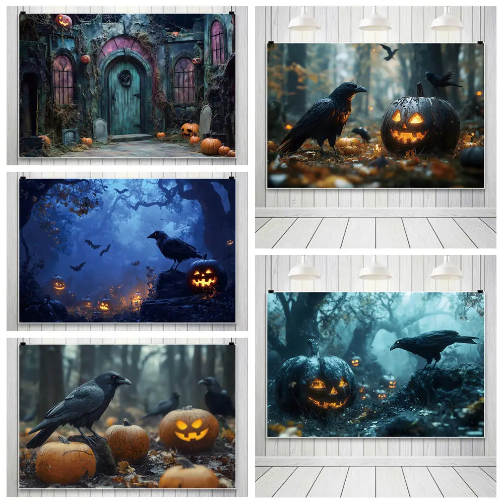 

Halloween Theme Photography Background Horror Atmosphere Crow Pumpkin Lantern Trees Backdrop Photography Accessories Party Decor