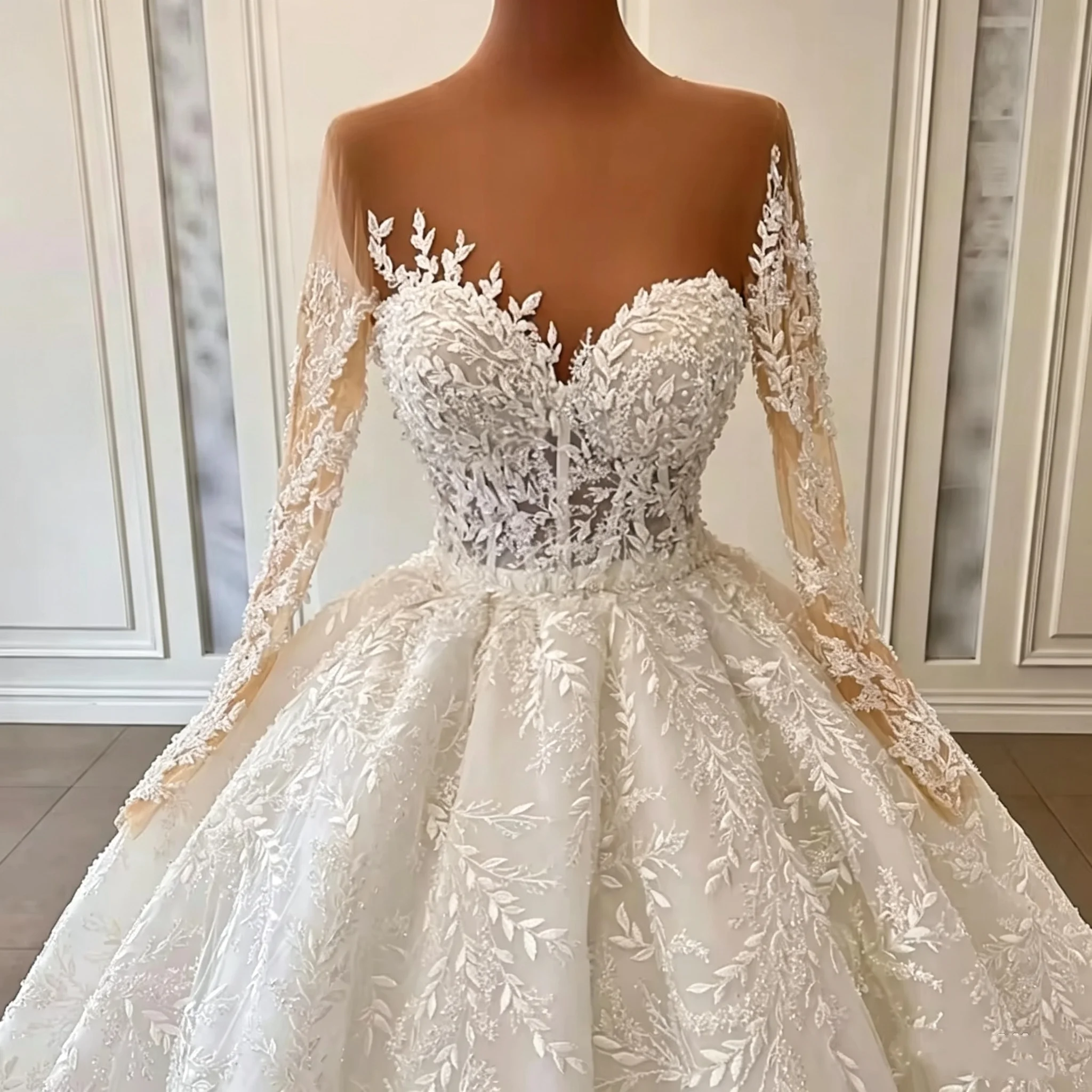 Luxury Sweetheart Ball Dress Wedding Dress Transparent Long Lace Sleeves Embroidered Cathedral Train Princess Bride Dress Custom
