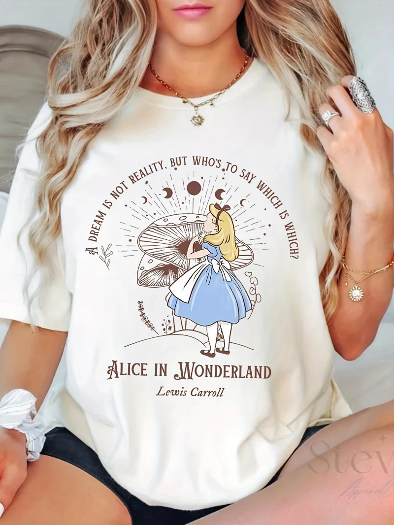 

Женская футболка с рисунком мультфильма «Приключения Алисы в стране чудес» Диснея, синее платье и свободные повседневные футболки для любителей книг с грибами