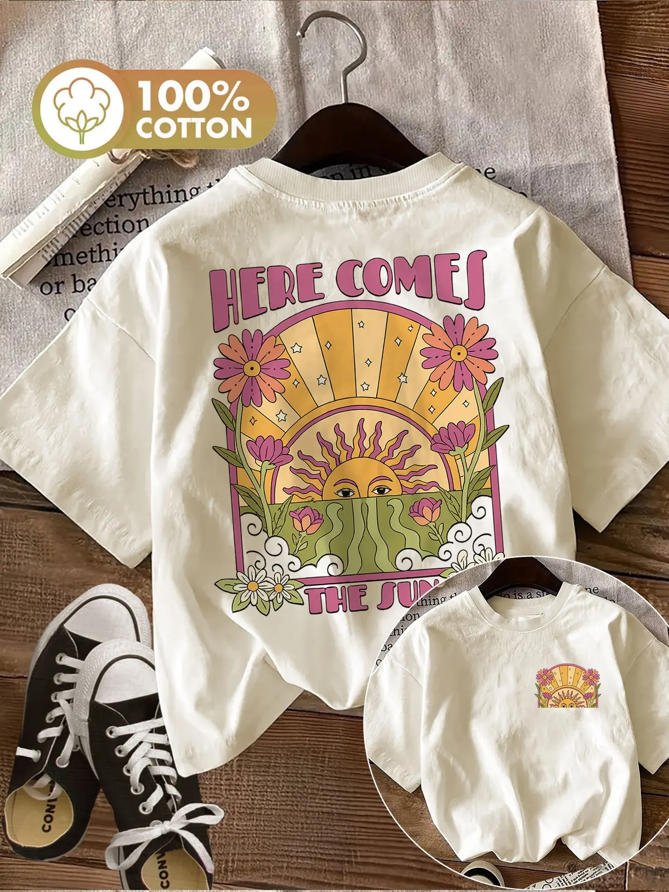 Oversized Here Comes The Sun with Flower 100% Cotton Women's Retro Print T-Shirt Casual Crew Neck Short Sleeve Top Tee Shirt