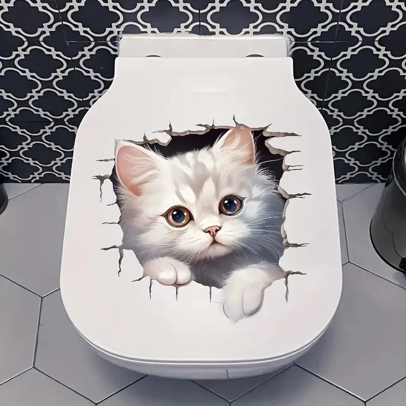 Adorable 3D White Cat Peeking  Self-Adhesive Toilet Stickers,Wall Decal Removable, Reusable Vinyl Car Sticker for Toilet Lid,