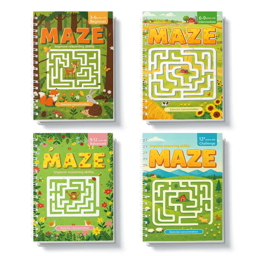MAZE Level-Up—4-Book Spiral Maze Activity Set for Kids| Beginner → Challenge Logic Puzzle Workbooks • Improve Focus