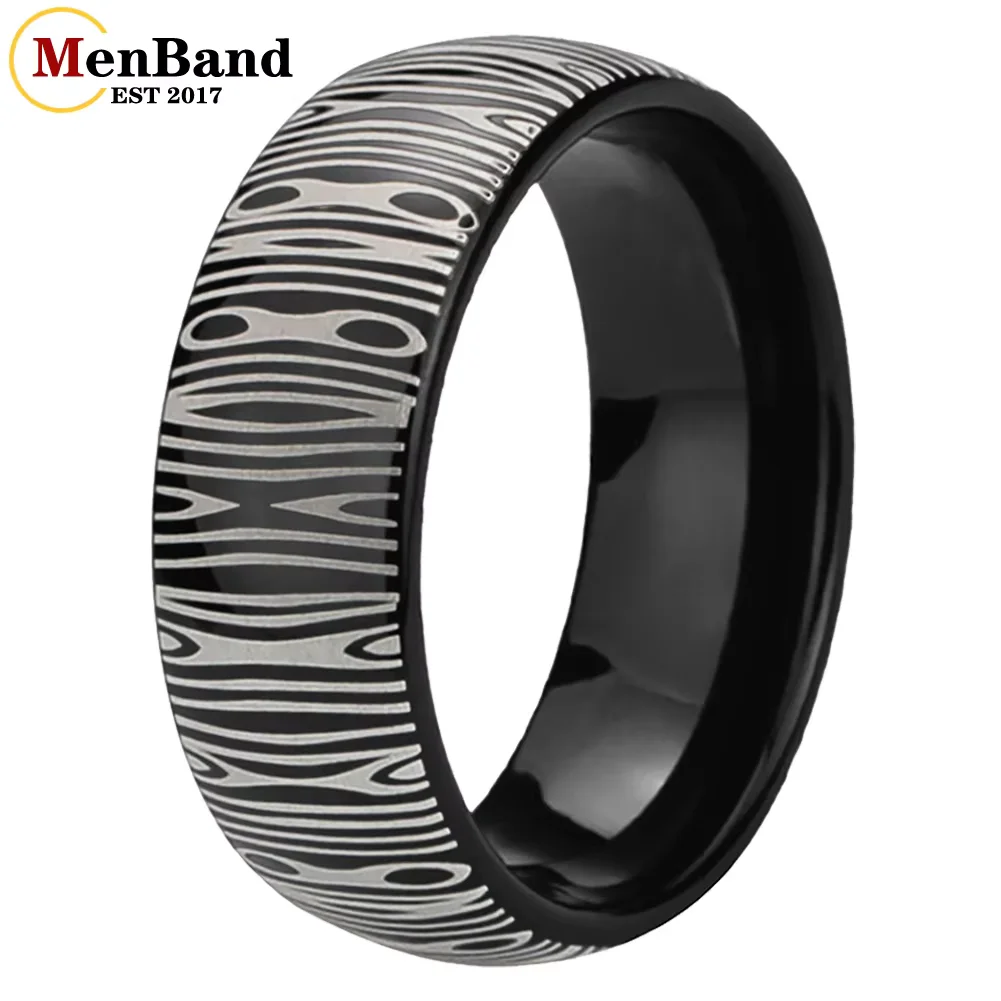 MenBand 6/8MM Laser Engraved Damascus Pattern Men Women Tungsten Wedding Band Ring Domed Polished Shiny Comfort Fit