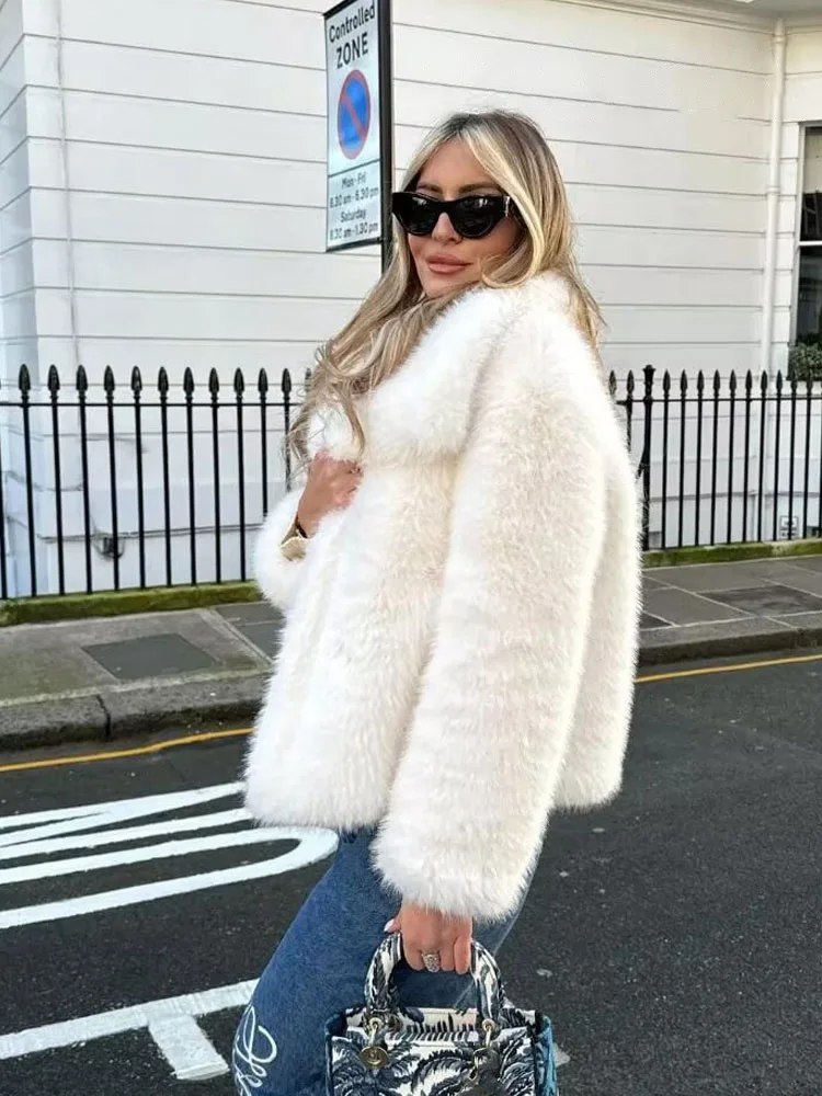 HH Women's Fashion Faux Fur Cropped Jacket Coat Autumn Winter Lapel Long Sleeve Thick Warm Jacket Female Chic Outerwear