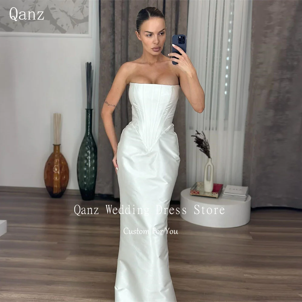 

Qanz Modest Satin Mermaid Evening Dresses Ivory Strapless Robe De Mariée Backless Women Vestido De Novia Boda Customized