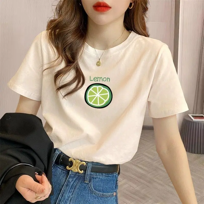 2024 New 100% Cotton Foreign Style T Shirt Top Ladies Fashion Trend Loose Street Wear Summer Half Sleeve Light Luxury T-Shirt