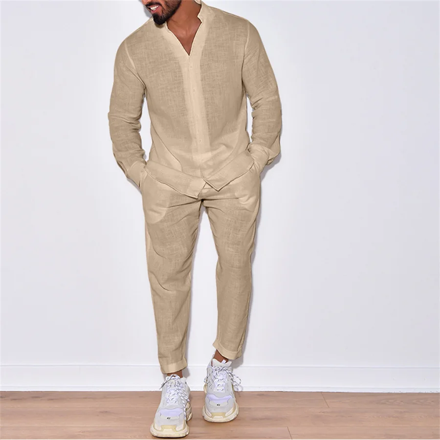 2024 Casual Long Sleeve Shirt and Pants Set Men Solid Color Cotton Linen Tops Trousers 2 Piece Suits Tracksuit Men\'s Clothing