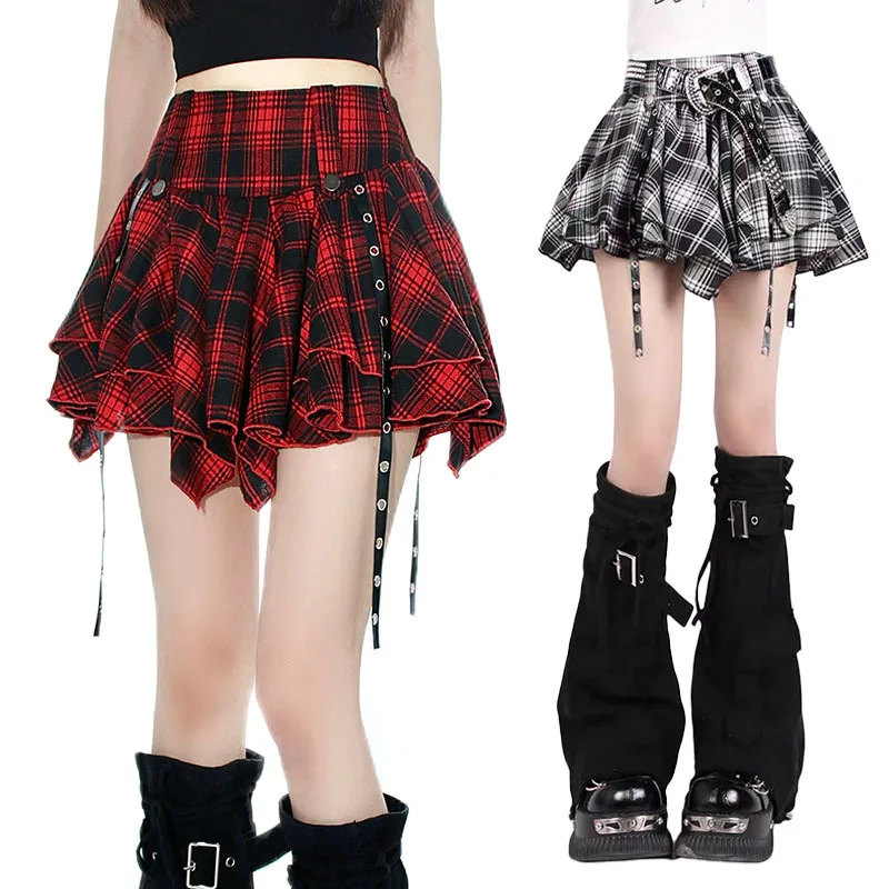 

Japanese Gothic Irregular Red Lattice Skirt Women Summer Y2k Punk Hot Girl A-Line Mini Skirts Sexy Korean Fashion Cake Skirts