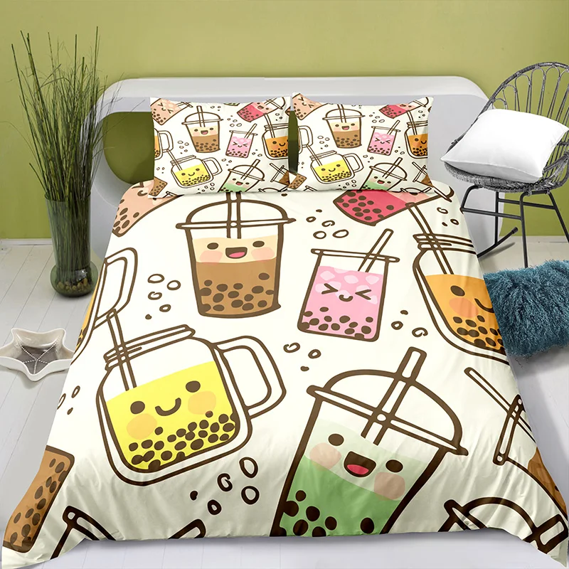 

Lovely Cartoon Food King Queen Duvet Cover Pearl Milk Tea Bedding Set Kids Teens Adults Dessert Fries Cola Quilt Cover