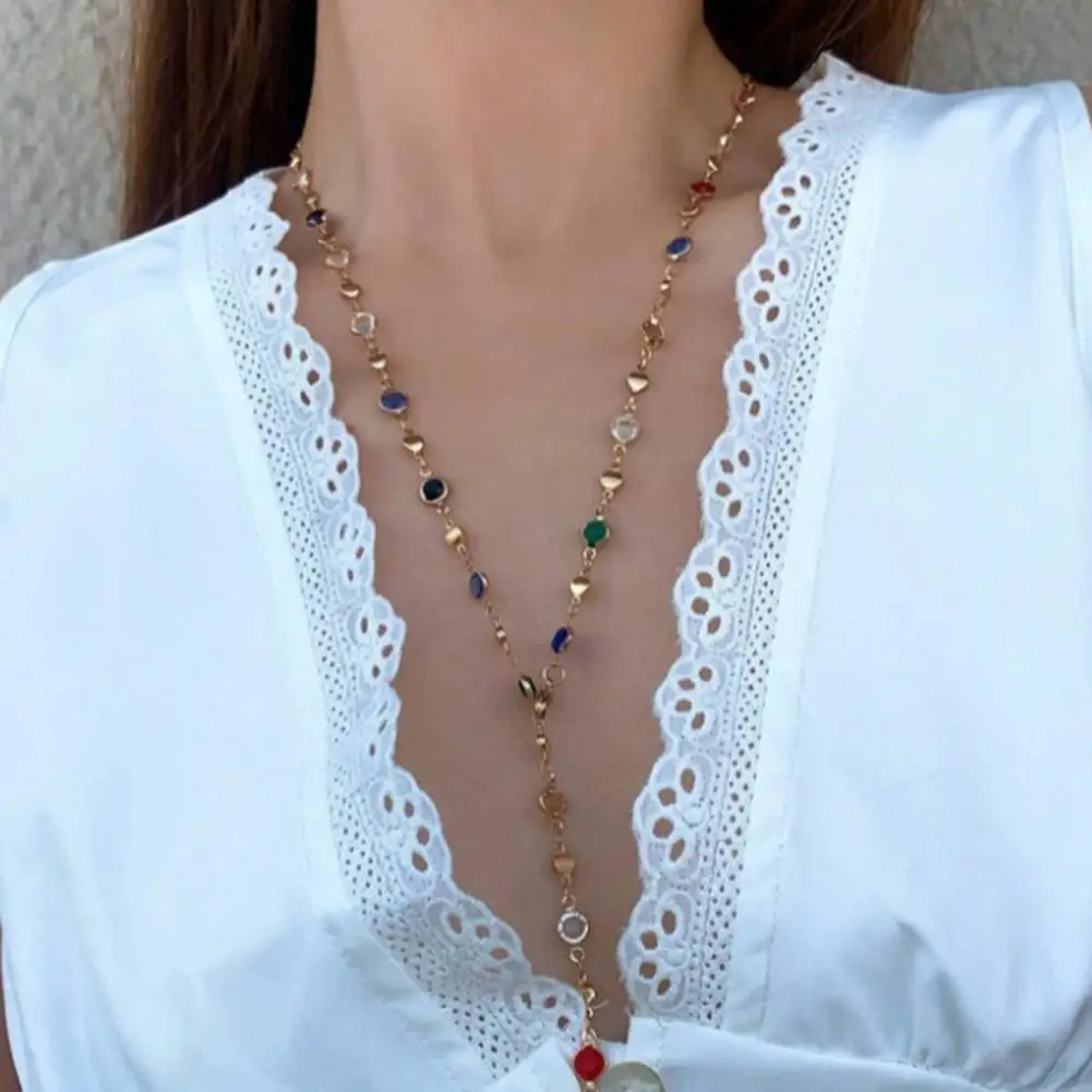 Women Faux Necklace Colorful Faux Women's Necklace for V Neck Clothes Adjustable Length Long Clavicle Jewelry for Prom Party