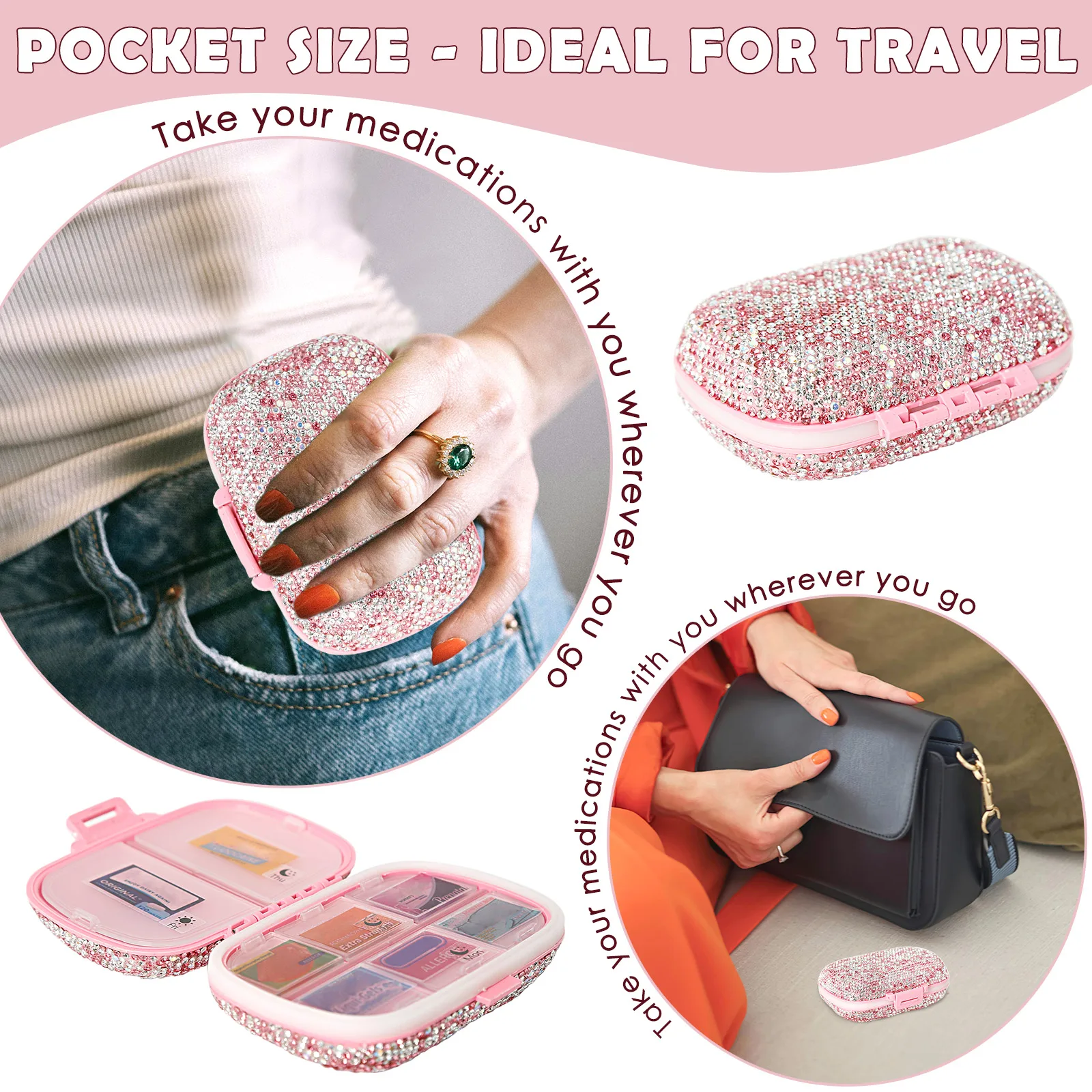 Travel Pill Organizer w/ Rhinestones 175 Medicine Labels 8 Compartments Moisture Proof Pill Case Mini Medication Organizer Set