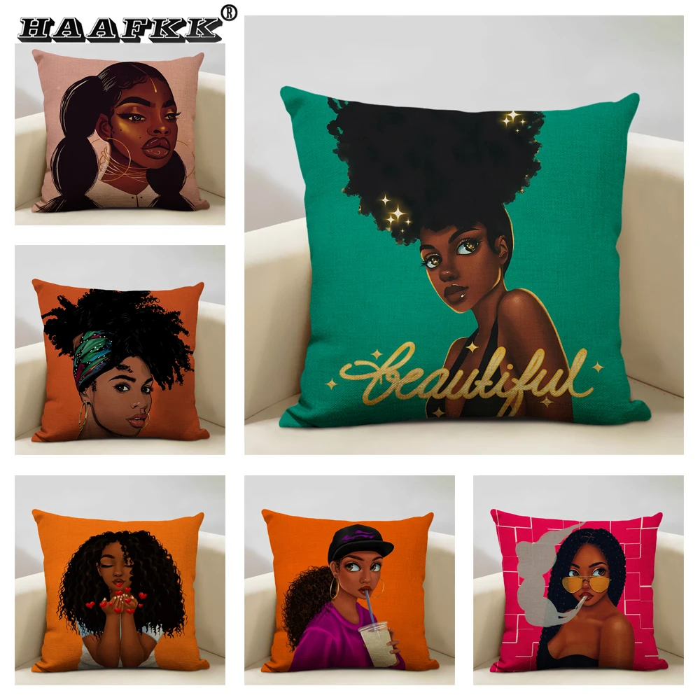 

African Fashion Girl Oil Painting Pillowcase Colorful Female Home Art Decoration Sofa Hug Pillow Case 45x45cm Linen Pillow Cover