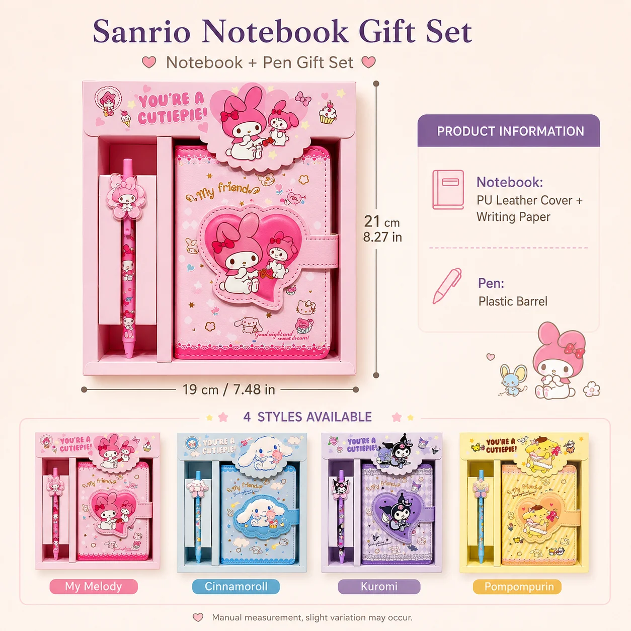 Sanrio Cute Melody Student Magnetic PU Leather Notebook Hand Ledger Notepad With Pen Stationery Gift Set Grid Inner Page Journal view 6