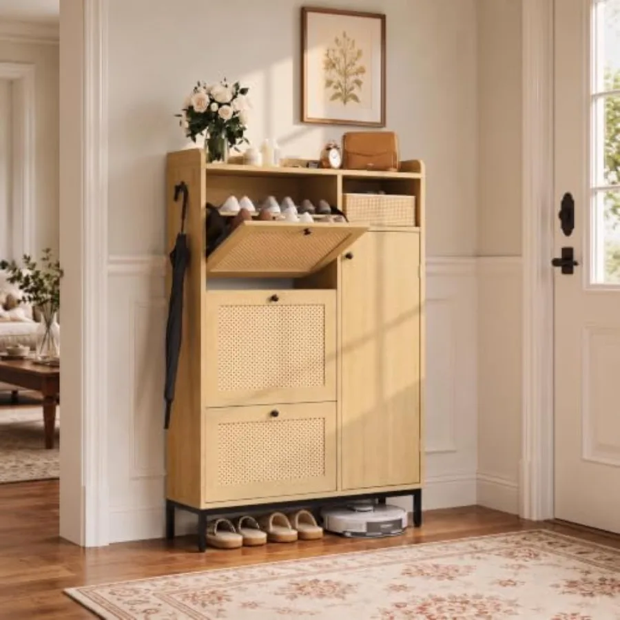Rattan shoe cabinet for entryway use, natural rattan material, beige color, space-saving 3-flip-drawer and door design