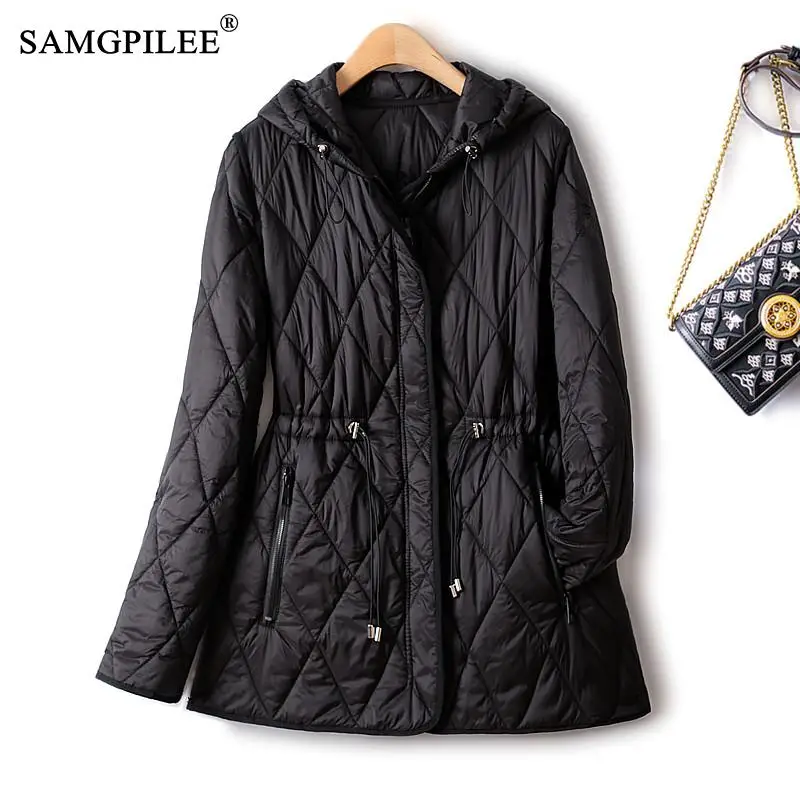 

Winter Coat For Women 2022 New Drawstring Waistband Hood Lightweight High-end Black Cotton Jacket Woman Female Clothing 4XL