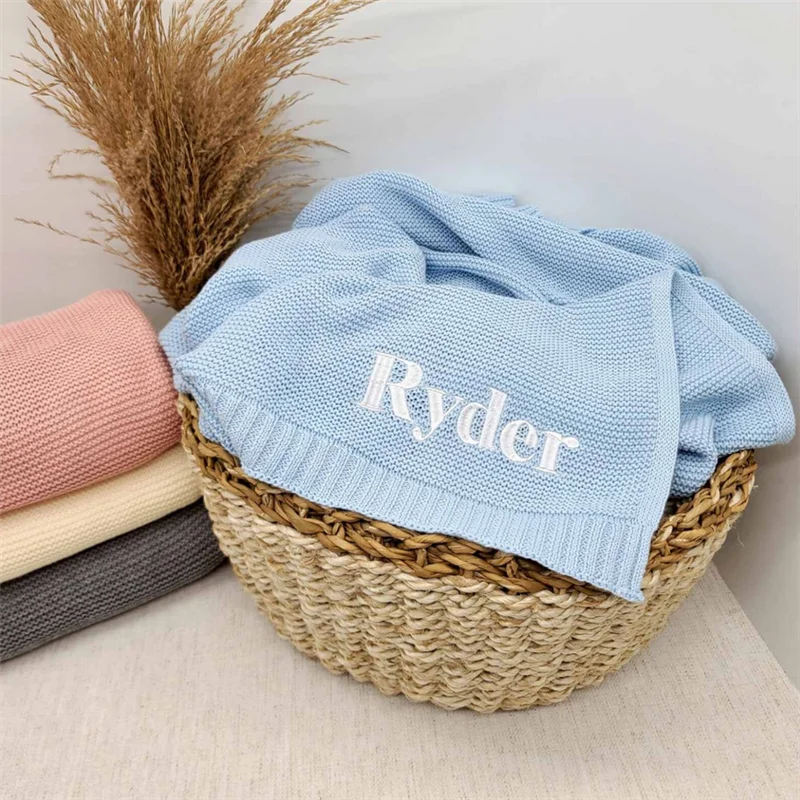 Embroidered Name Baby Blanket Baby Shower Stroller Blanket Newborn Baby Gift Personalized Soft Breathable Cotton Knitted Blanket