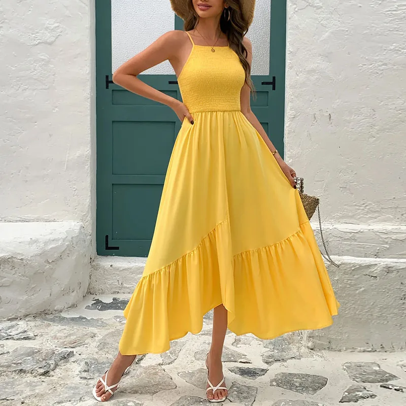 Neue Kleider mit Spaghettiträgern für Damen, elegantes Sommerkleid für Damen, asymmetrisches A-LINE-Kleid für Damen, Vestidos De Verano Mujer Q606