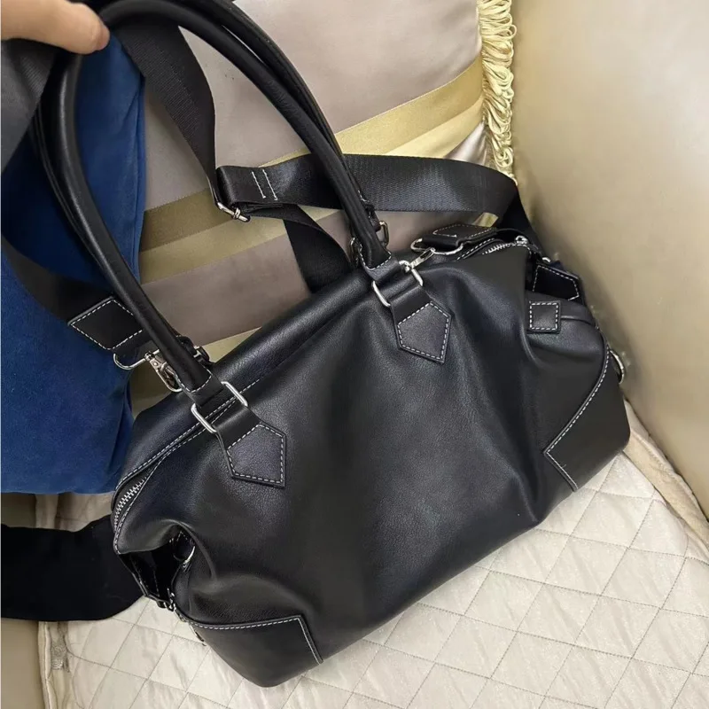 Women's Fashion Vintage Washed Soft Leather Tote Bag Designer Luxury Large Capacity Commuter Multi-Pocket Shoulder Messenger Bag