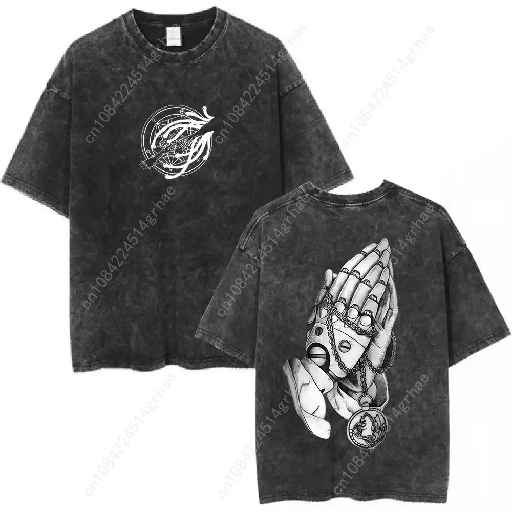 Anime Fullmetal Alchemist Washed T Shirts Edward Elric Alphonse Elric T-Shirt Men's Women Fashion Casual Oversized T-shirts Tops