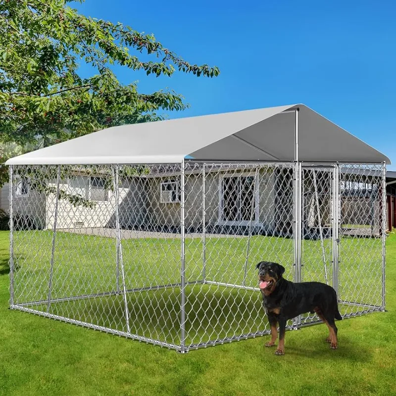 10×10×7FT Outdoor Dog Kennel with Roof, with Sidebar, Heavy Duty Chain Link Dog Kennel with Lock