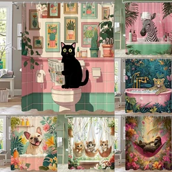 Fun Bath in Bathtub Cat and Dog Printed Shower Curtain, Bathroom Decorative Shower Curtain, Waterproof Shower Curtain with Hooks