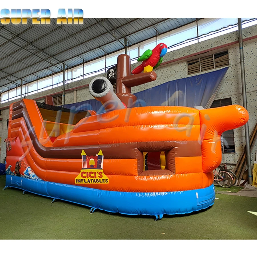 Commercial children playground orange inflatable pirate ship with blower for children playground