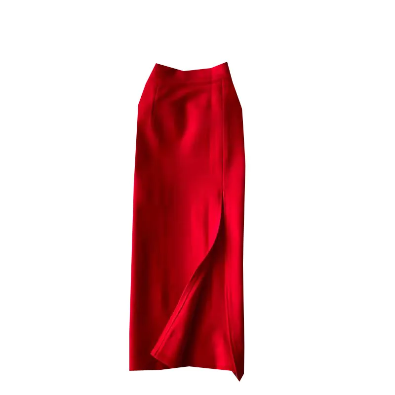 Faion High Waist  Color Midi Skirt Slimming Elastic Slit One Step OL Busin Bodycon Skirt Young Women Commute Sle