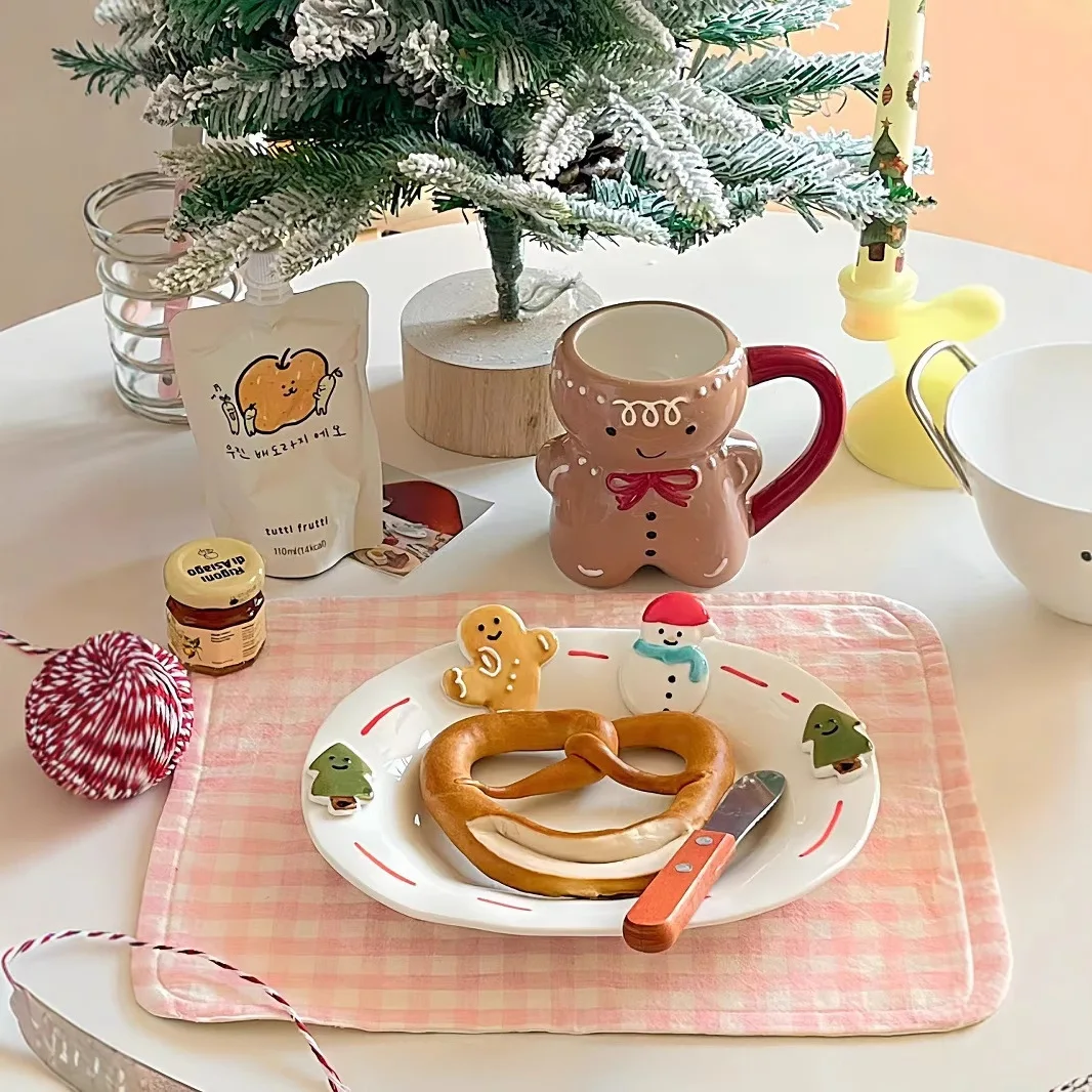 

Christmas Ceramic Dinner Plate Hand Painted Gingerbread Man Snowman Relief Dessert Plate