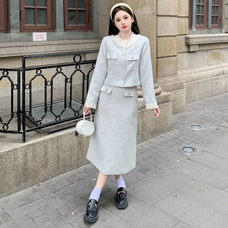 

UNXX Small Fragrance Two Piece Sets Women Fashion Elegant Tweed Long Sleeve Crop Tops Coat + High Waist Bodycon Skirts Suit New