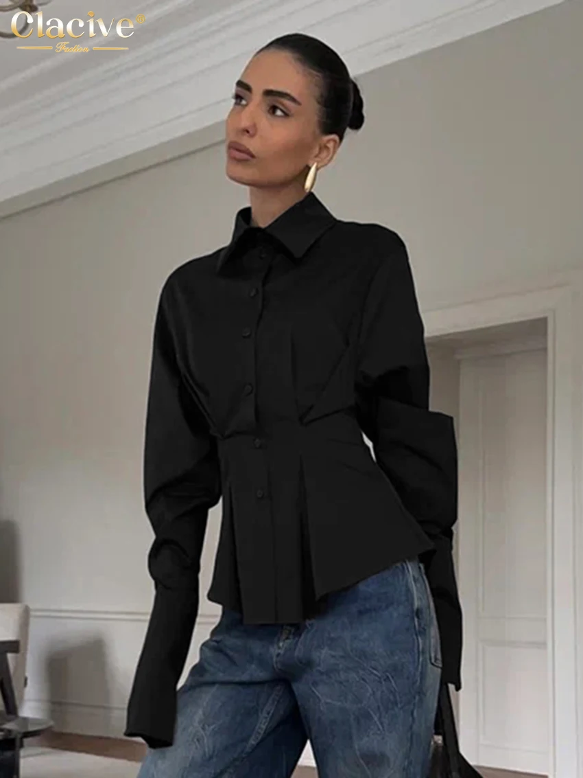 

Clacive Fashion Loose Black Cotton Women's Shirt 2025 Casual Lapel Long Sleeve Lady Shirts Elegant Classic Solid Top Female