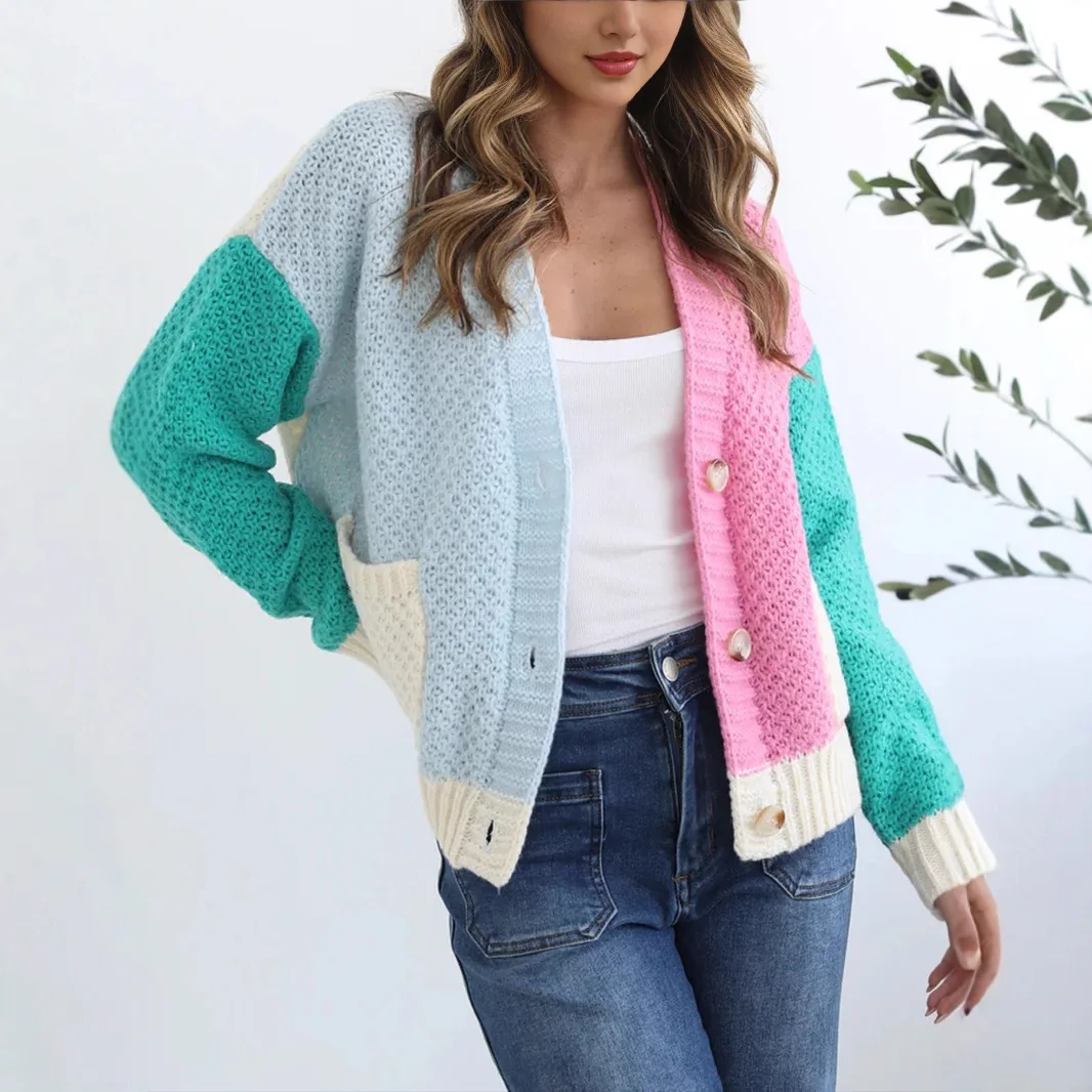 

new in autumn winter Color-block Elegant Fashion Knitted Cardigan Women 2025 Long Sleeve Sweater Coats