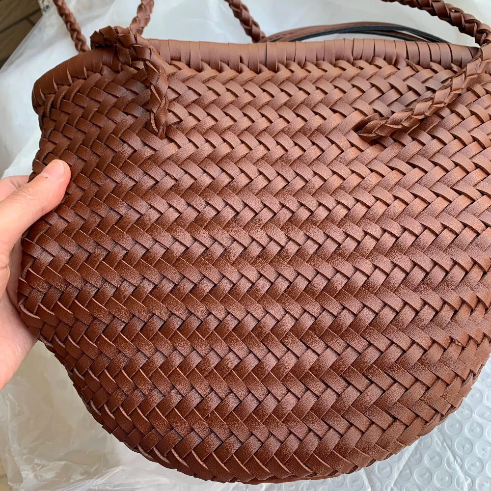 2024 Brown Woven Shoulder Bag for Women, Retro Handwoven Drawstring Shoulder Shopper Purse, Beach Handbag, PU Leather Vegetable
