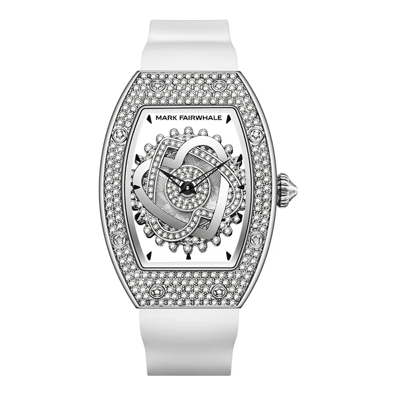 Diamond Starry Sky Rotating Bezel Tonneau Quartz Wristwatch for Women with Rubber Strap and Butterfly Clasp Watch