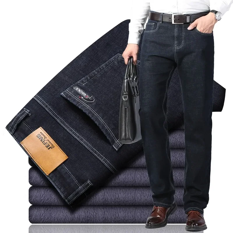 2024 Winter New Men's Fleece Warm Jeans Classic Style Business Casual Thicken Regular Fit Denim Pants Black Blue Brand Trousers